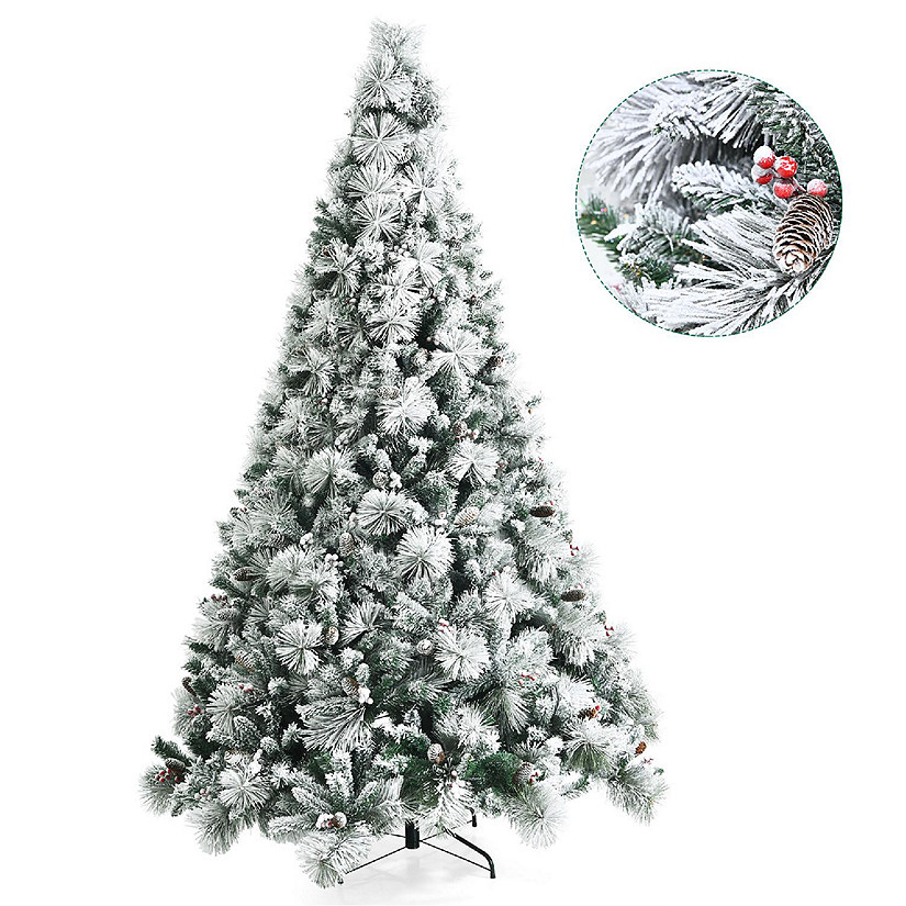 Costway 8ft Snow Flocked Christmas Tree Glitter Tips w/ Pine Cone & Red