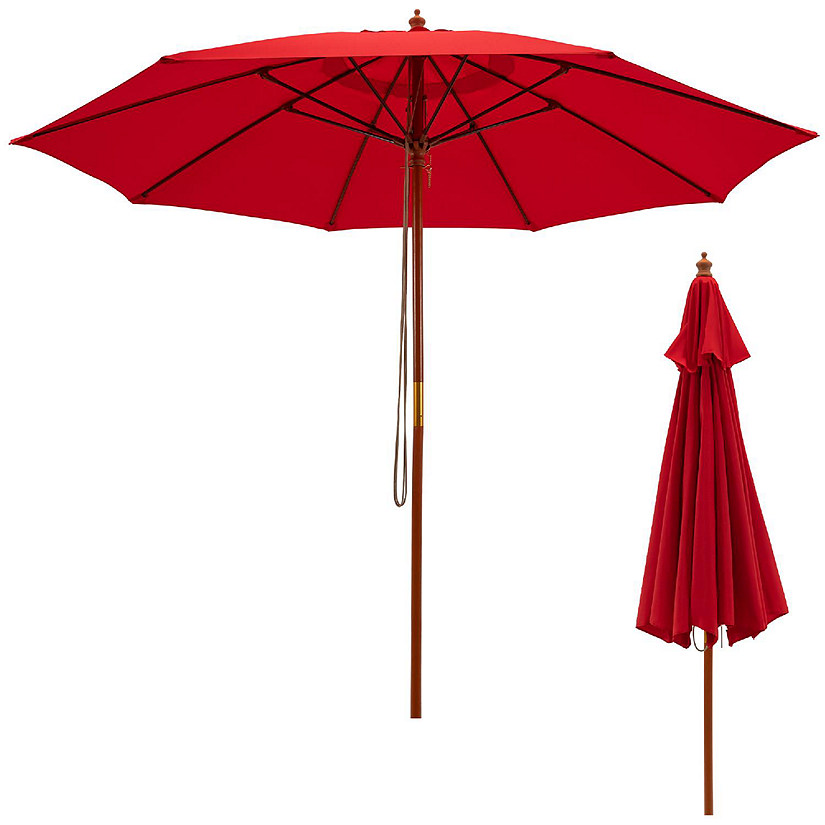 Costway 9.5 FT Patio Rope Pulley Wooden Umbrella Market w/Fiberglass Ribs Outdoor Red Image