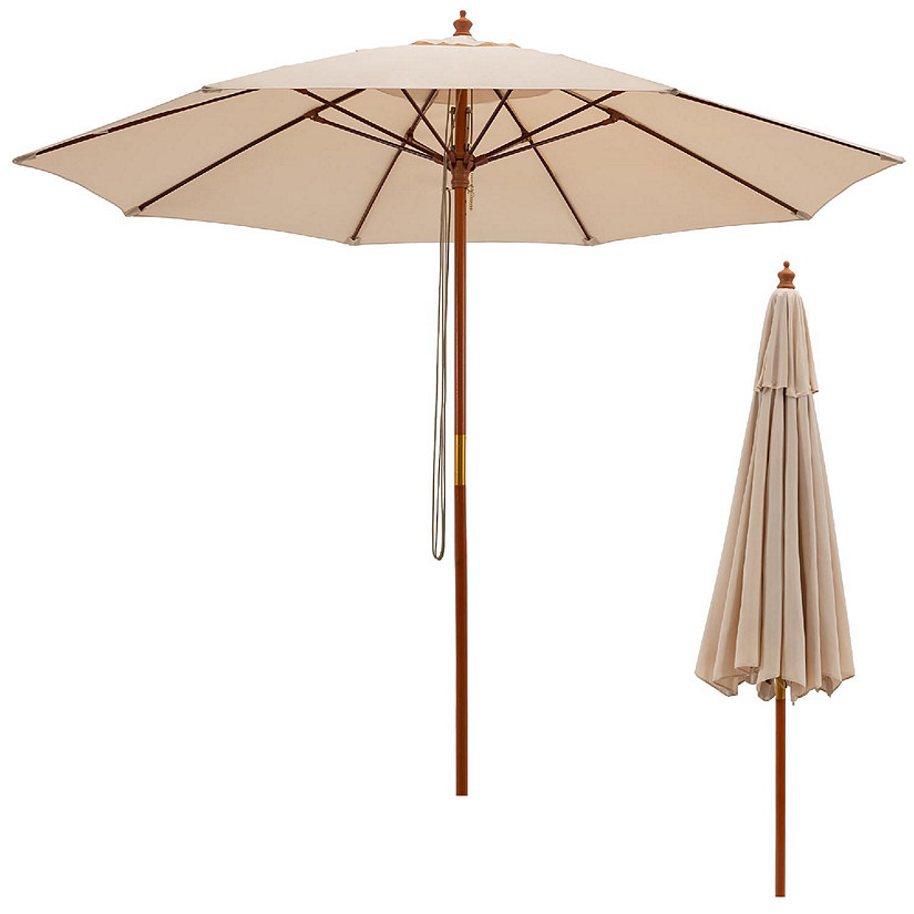Costway 9.5 FT  Pulley Lift Round Patio Umbrella w/Fiberglass Ribs Beige Image