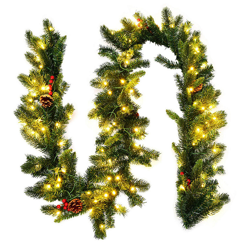 Costway 9Ft Pre-lit Artificial Christmas Garland Red Berries w/ 100 LED Lights & Timer Image