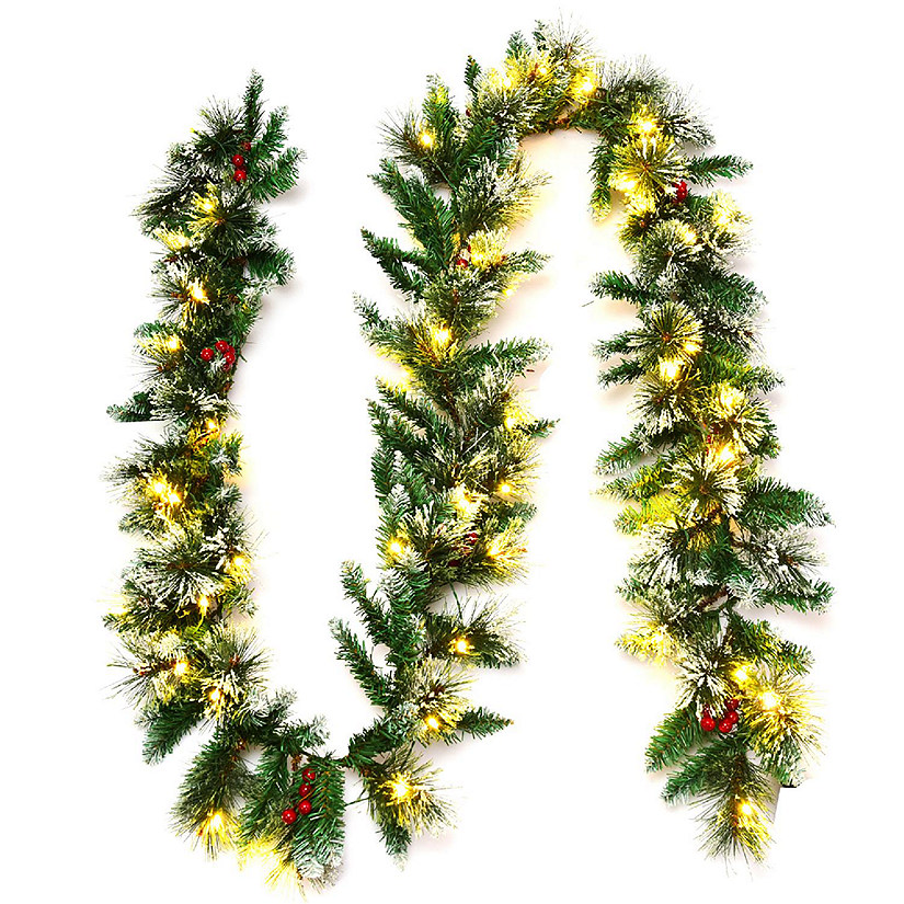 Costway 9ft Pre-lit Christmas Garland w/ Snow Flocked Tips Red Berries 50 Lights & Timer Image