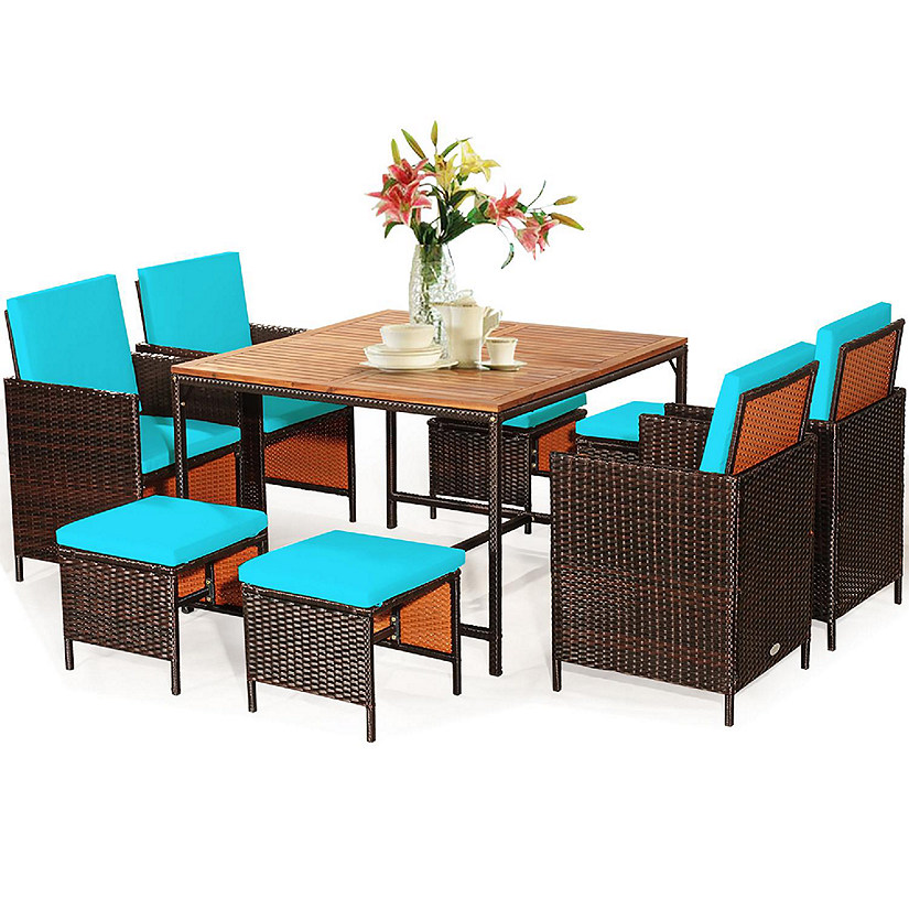 Costway 9PCS Patio Rattan Dining Set Cushioned Chairs Ottoman Wood Table Top Turquoise Image