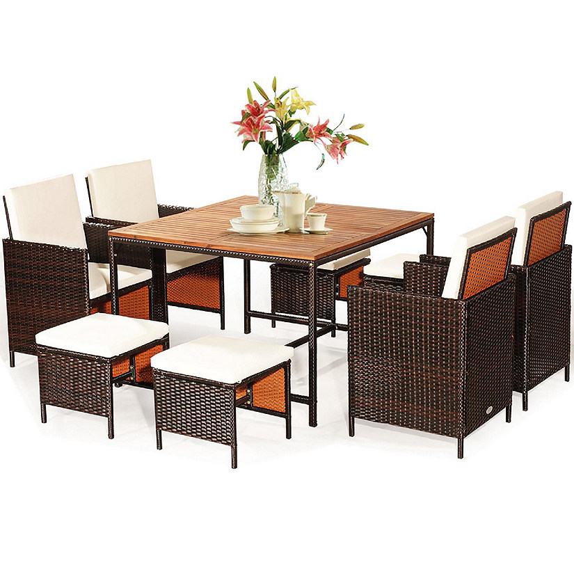 Costway 9PCS Patio Rattan Dining Set Cushioned Chairs Ottoman Wood Table Top White Image