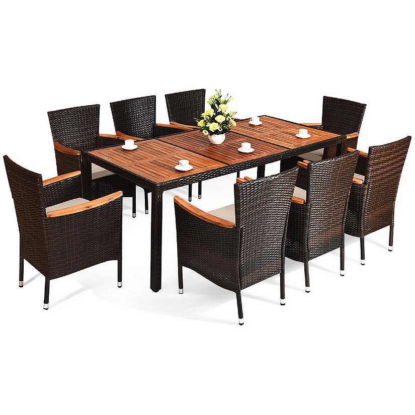 Costway 9PCS Patio Wicker Dining Set Acacia Wood Table Top Umbrella Hole Cushions Chairs Image