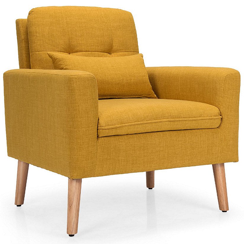 Costway  Accent Chair Upholstered Linen Armchair Sofa Chair w/Waist Pillow Yellow Image