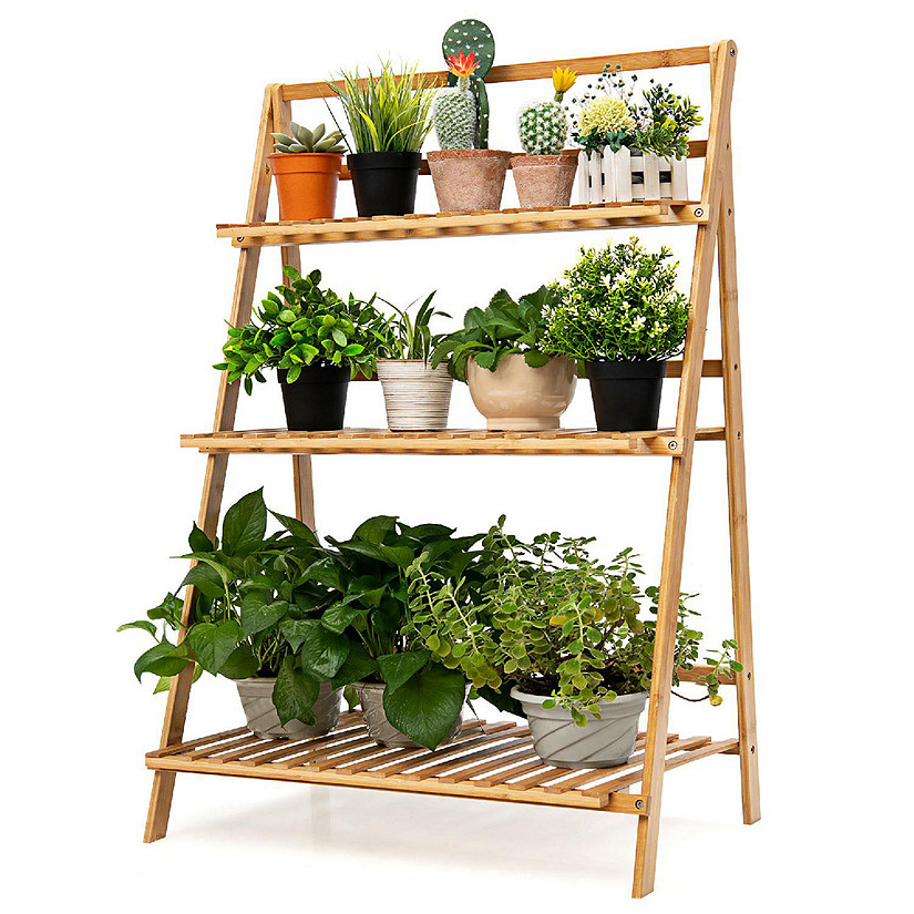 Costway Bamboo Ladder Plant Stand 3-Tier Foldable Flower Pot Display Shelf Rack Natural Image