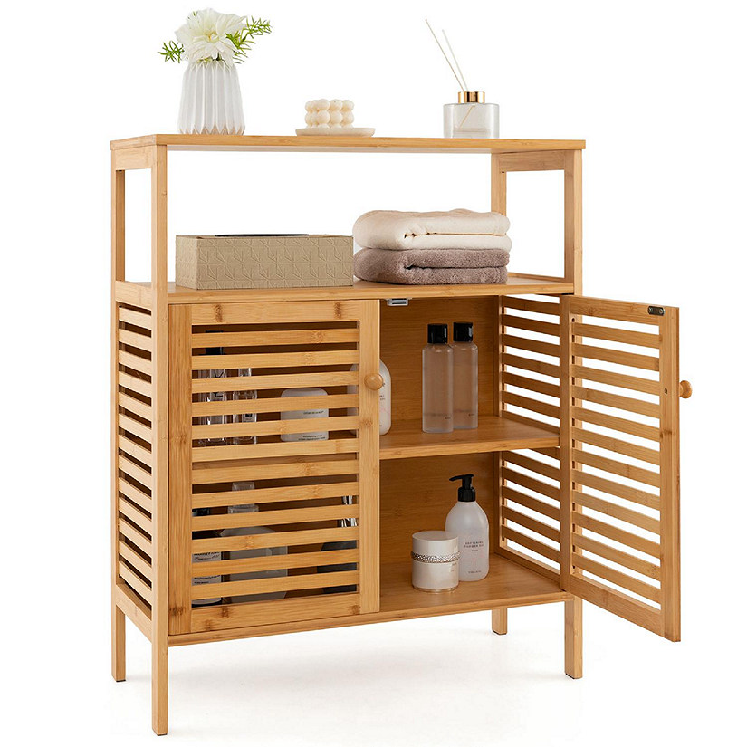 Costway Bamboo Storage Cabinet with Double Louvered Doors Open Shelf & Removable Shelf Image