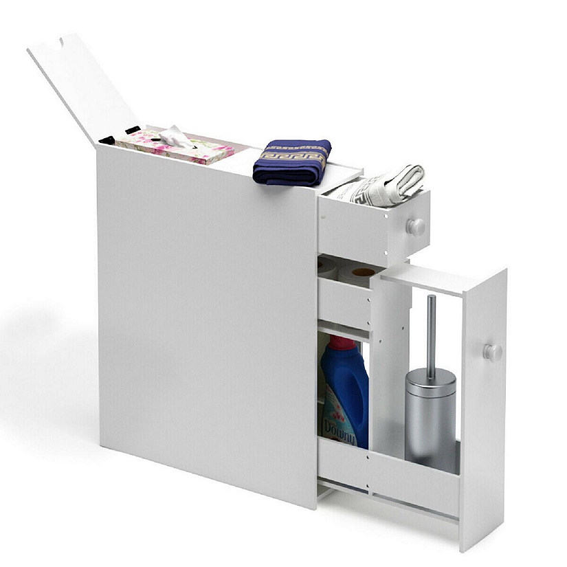 Costway Bathroom Floor Cabinet Toilet Narrow Storage Organizer with Flip Top White Image