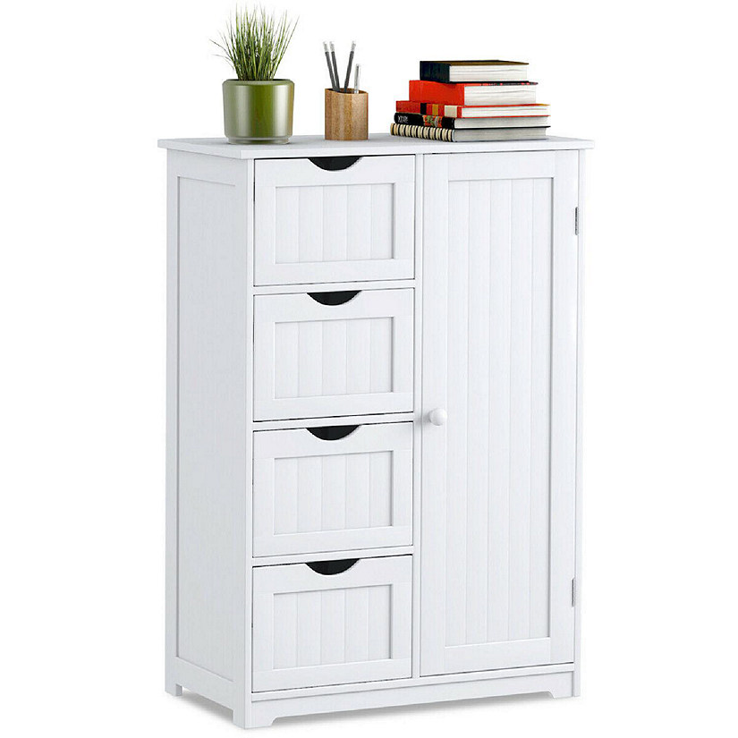 Costway Bathroom Storage Wooden 4 Drawer Cabinet Cupboard 2 Shelves Free Standing White Image