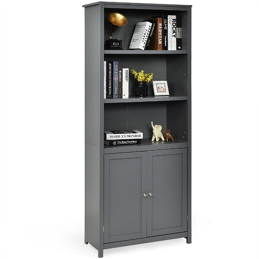 Costway Bookcase Shelving Storage Wooden Cabinet Unit Standing Bookcase W/Doors Gray Image