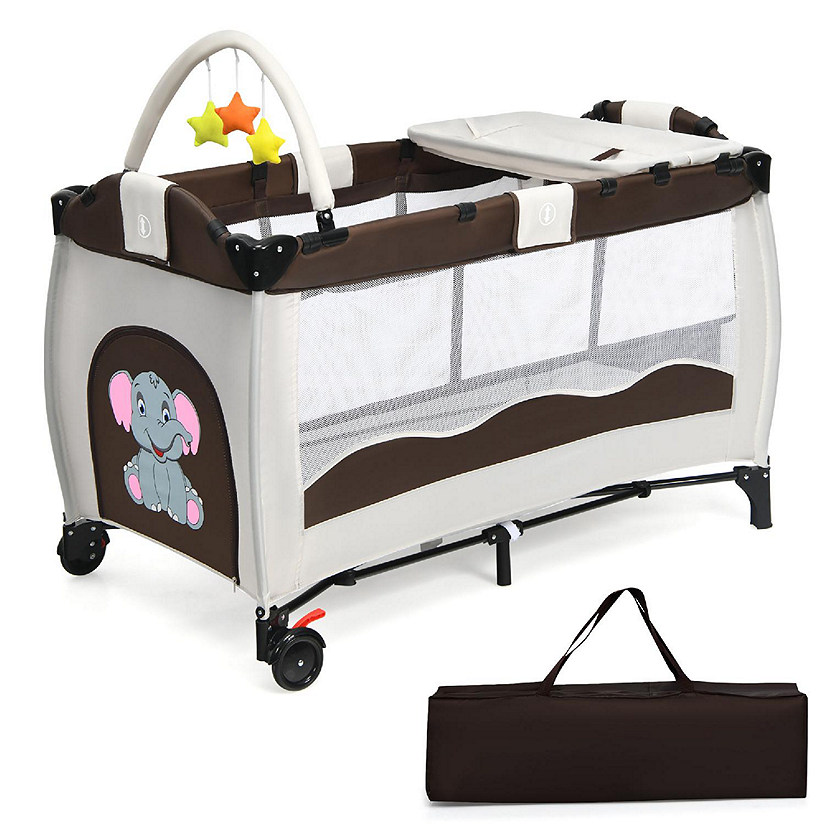 Costway Coffee Baby Crib Playpen Playard Pack Travel Infant Bassinet Bed Foldable Image
