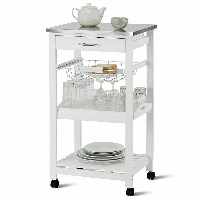 Costway Compact Kitchen Island Cart Rolling Service Trolley with Stainless Steel Top Basket Image