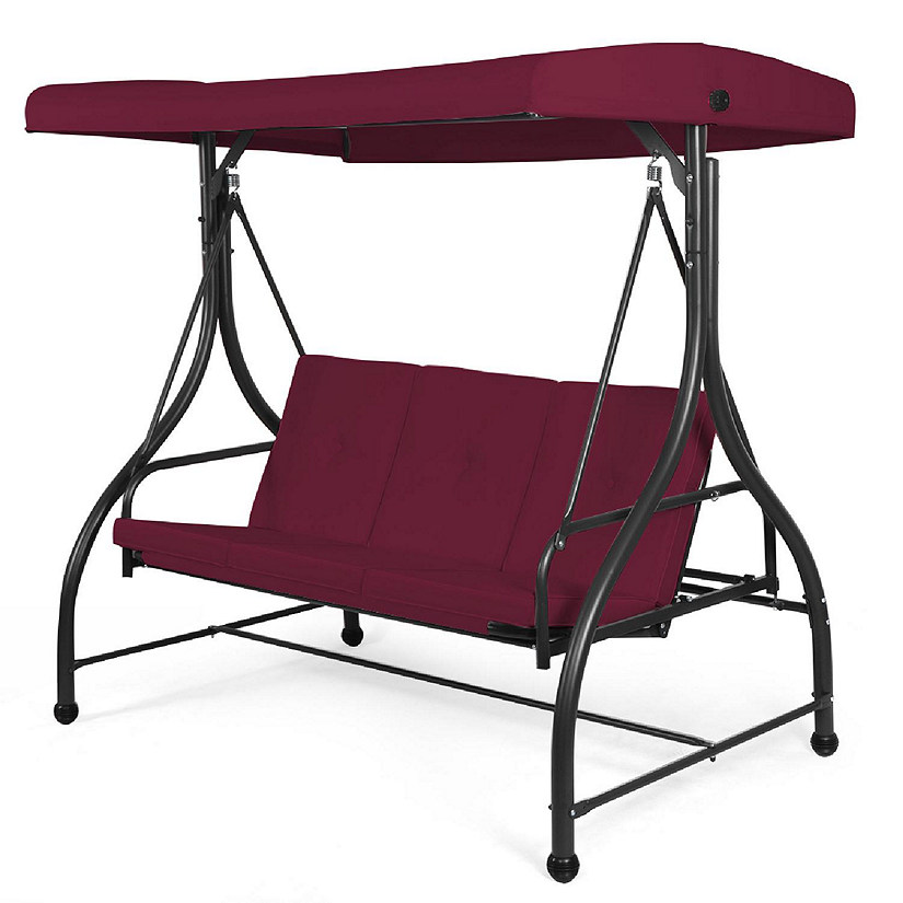 Costway Converting Outdoor Swing Canopy Hammock 3 Seats Patio Deck Furniture Wine Red Image