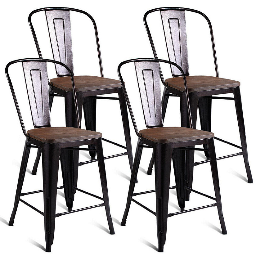 Costway Copper Set of 4 Metal Wood Counter Stool Kitchen Dining Bar Chairs Rustic Full Back Image