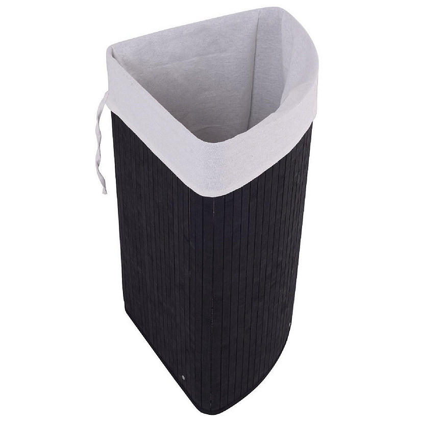 Costway Corner Bamboo Hamper Laundry Basket Washing Cloth Bin Storage Bag Lid Black Image