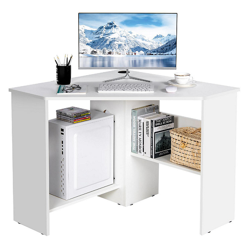 Costway Corner Computer Desk Triangle Writing Workstation w/ Storage Shelf White Image