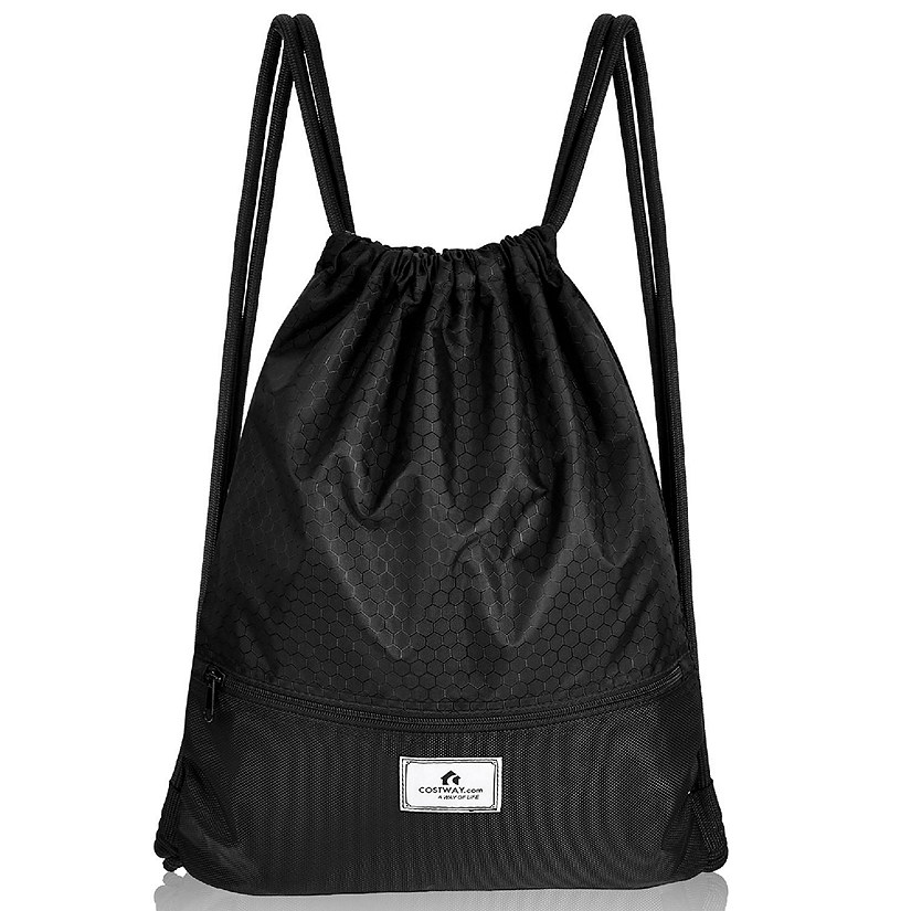 Costway Drawstring Backpack String Bag Folding Sports Sack w/Zipper Pocket Black Image