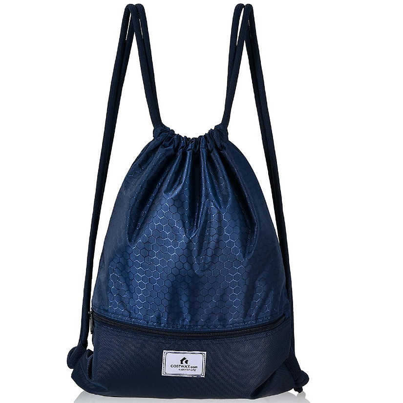Costway Drawstring Backpack String Bag Folding Sports Sack w/Zipper Pocket Blue Image