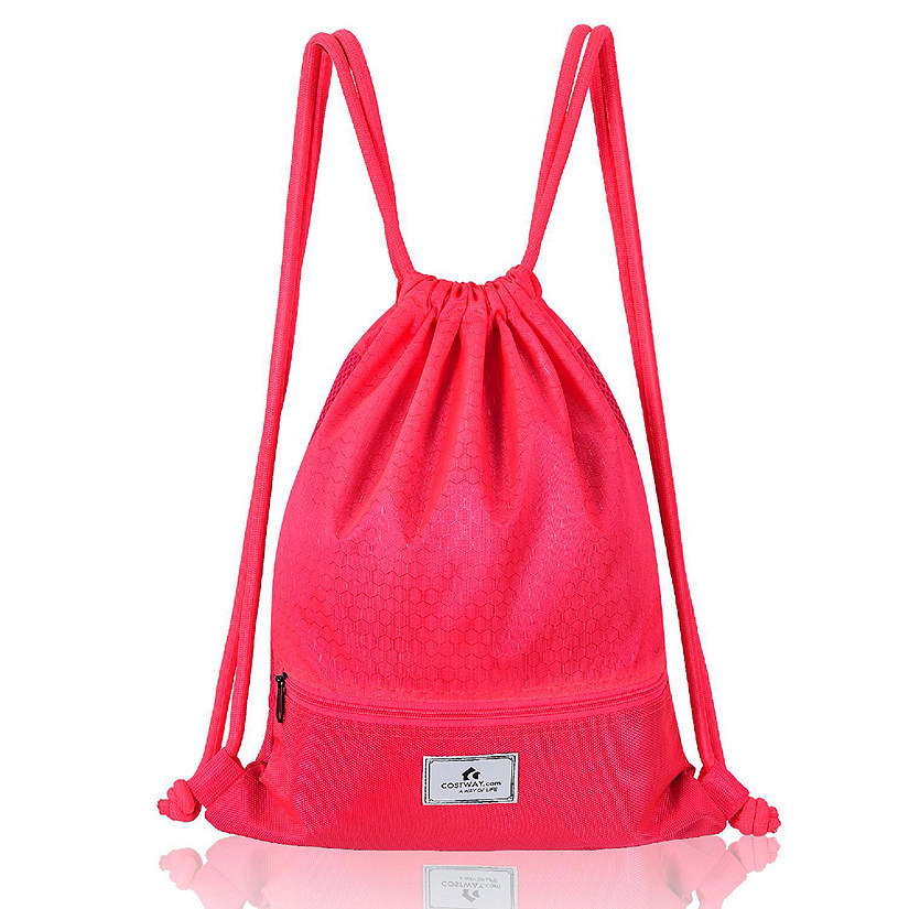 Costway Drawstring Backpack String Bag Folding Sports Sack w/Zipper Pocket Pink Image