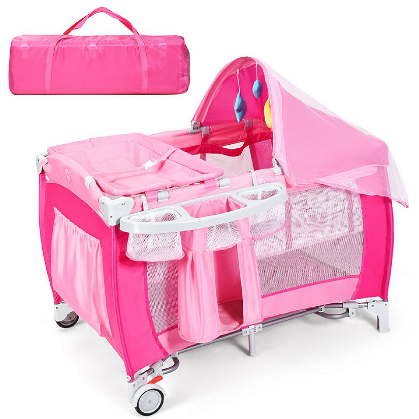 Costway Foldable Baby Crib Playpen Travel Infant Bassinet Bed Mosquito Net Music w Bag Image