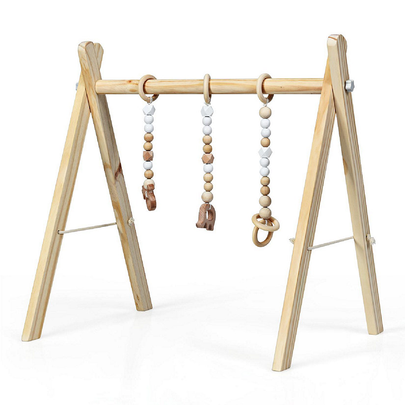 Costway Foldable Wooden Baby Gym with 3 Wooden Teething Toys Hanging Bar Natural Image