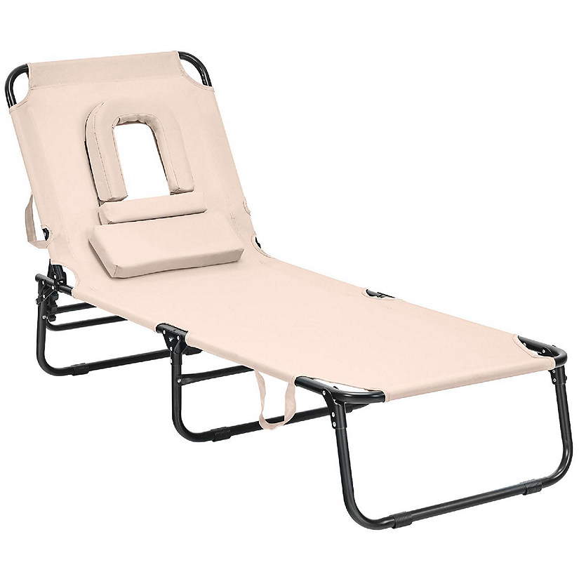 Costway Folding Chaise Lounge Chair Adjustable Outdoor Patio Beach Camping Recliner Beige Image