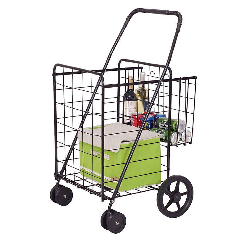 Costway Folding Shopping Cart Jumbo Basket Grocery Laundry with Swivel Wheels Black Image