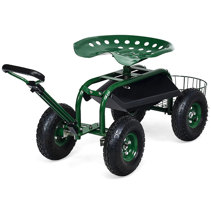Costway Garden Cart Rolling Work Seat w/Tray Basket E xtendable Handle Green Image