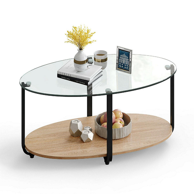 Costway Glass-Top Coffee Table 2-Tier Modern Oval Side Sofa Table w/ Storage Shelf Image