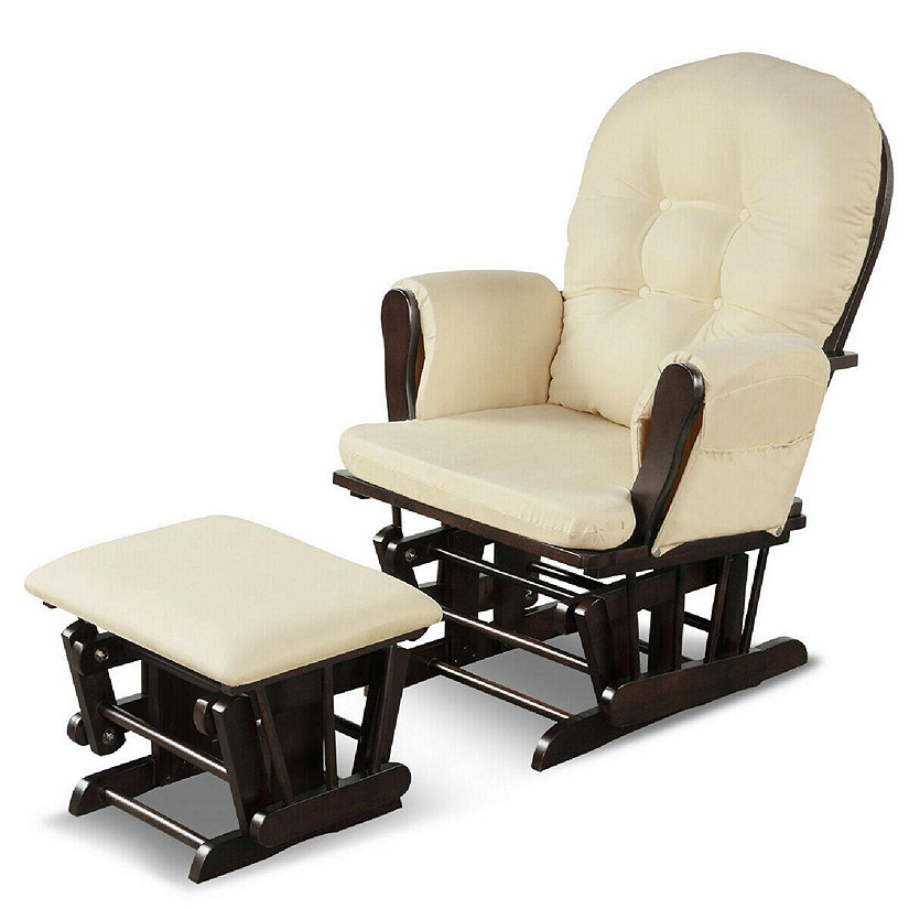 Costway Glider and Ottoman Cushion Set Wood Baby Nursery Rocking Chair Beige Image