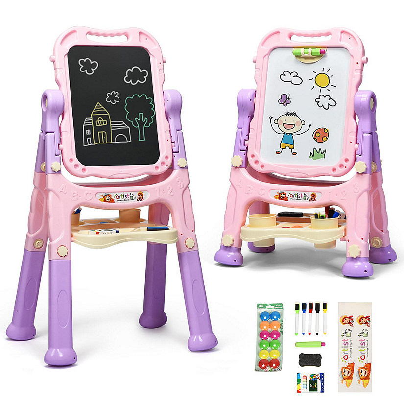 Costway Height Adjustable Kids Art Easel Magnetic Double Sided Board w/ Accessories Pink Image