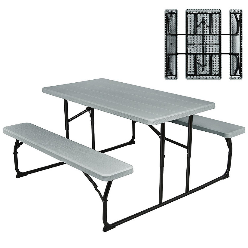 Costway Indoor & Outdoor Folding Picnic Table Bench Set w/ Wood-like Texture Grey Image