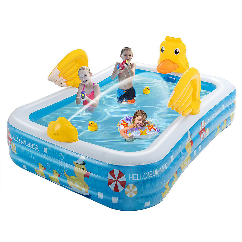 Costway Inflatable Swimming Pool Duck Themed Kiddie Pool w/ Sprinkler