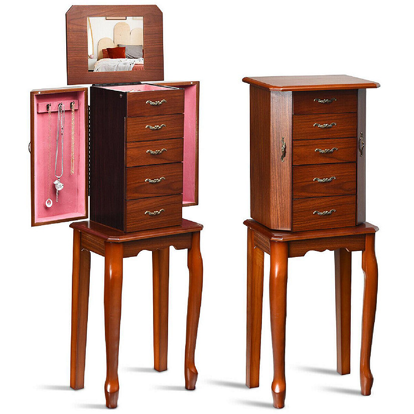 Costway Jewelry Cabinet Storage Chest Stand Organizer Wood Box for Home Walnut Image