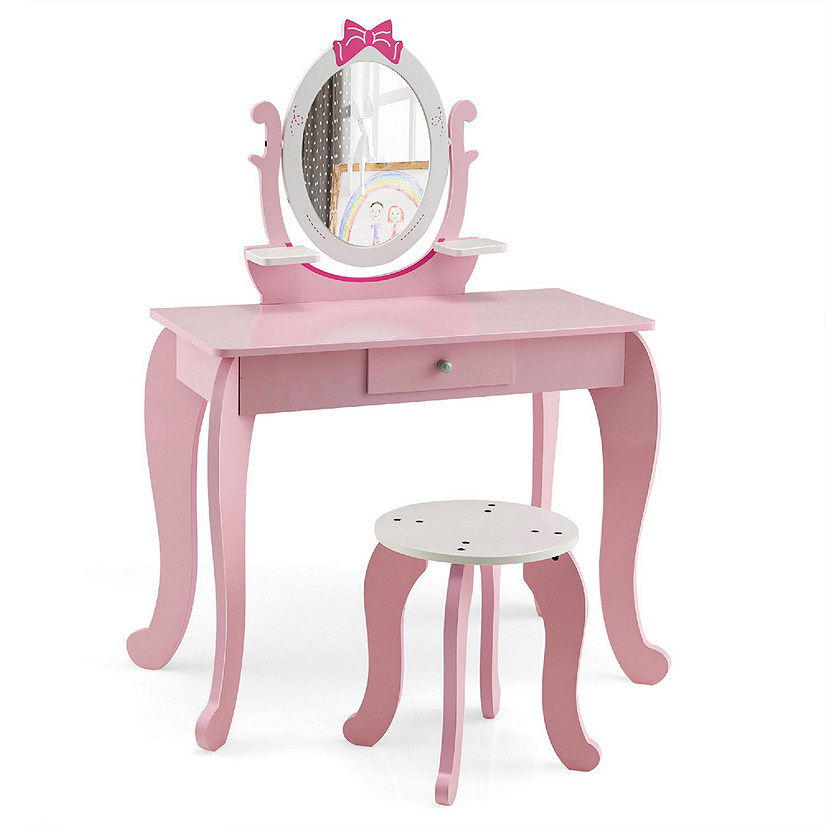 Costway Kid Vanity Table Stool Set with Adjustable Mirror Storage Drawer Makeup Pink Image