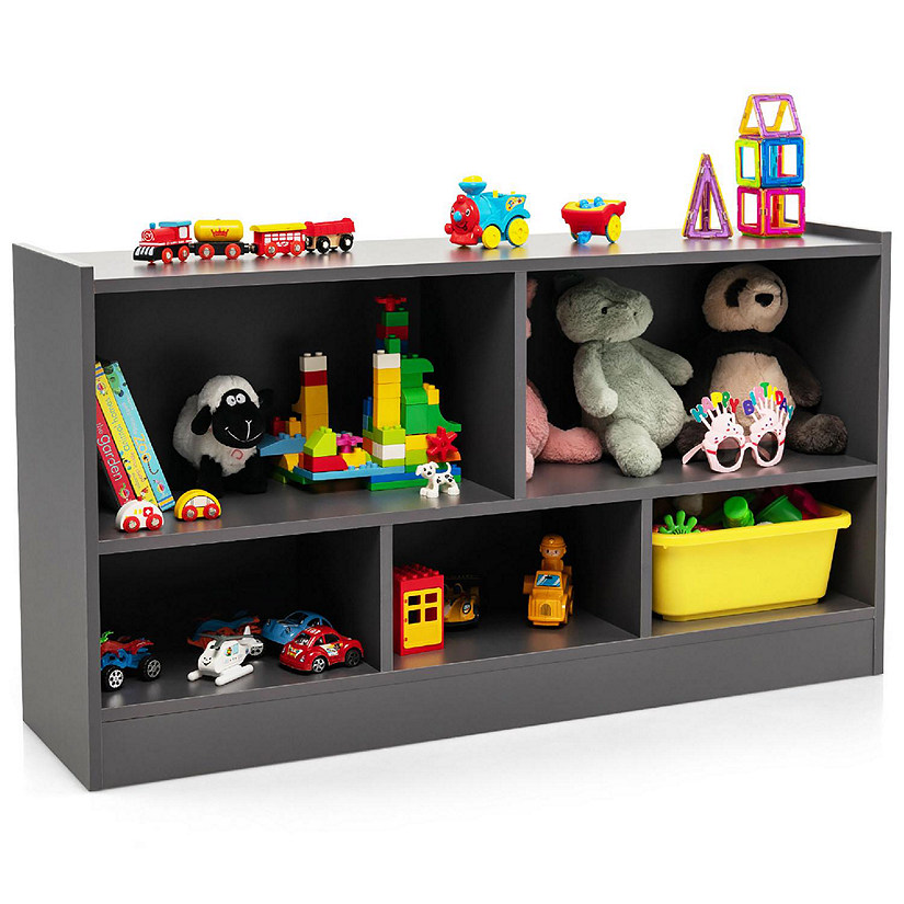 Costway Kids 2-Shelf Bookcase 5-Cube Wood Toy Storage Cabinet Organizer Grey Image