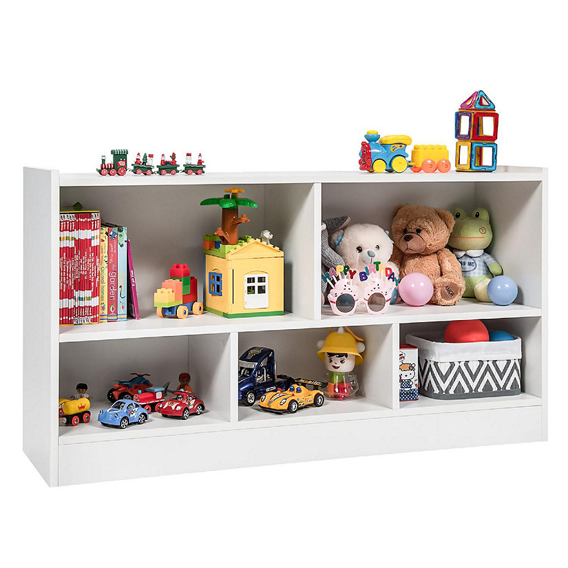 Costway Kids 2-Shelf Bookcase 5-Cube Wood Toy Storage Cabinet Organizer White Image