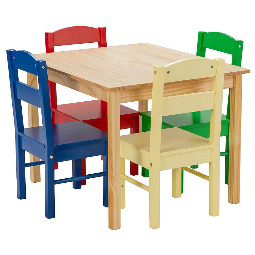 Costway Kids 5 Piece Table Chair Set Pine Wood Multicolor Children Play Room Furniture Image