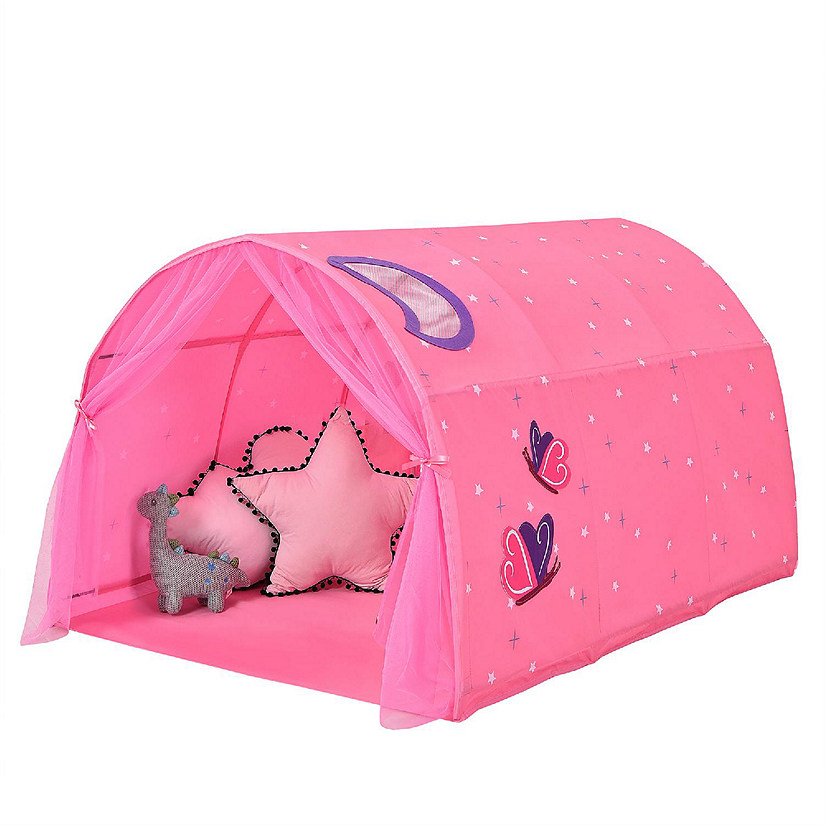 Costway Kids Bed Tent Play Tent Portable Playhouse Twin Sleeping w/Carry Bag Pink Image