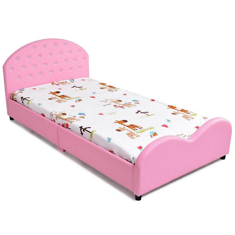 Costway Kids Children PU Upholstered Platform Wooden Princess Bed Bedroom Furniture Pink Image