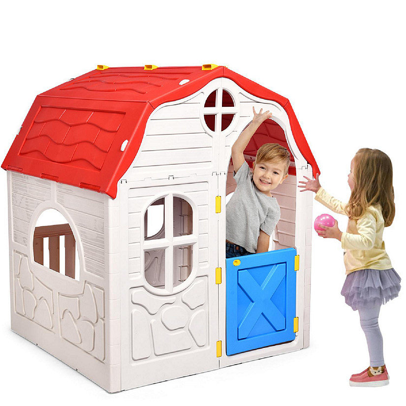 Costway Kids Cottage Playhouse Foldable Plastic Play House Indoor Outdoor Toy Portable Image