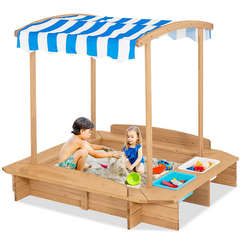 Costway Kids Large Wooden Sandbox w/ 2 Bench Seats Outdoor Play Station for Children Image