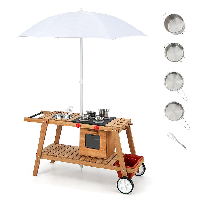 Costway Kid's Play Trolley Outdoor Wooden Kids Play Cart with Sun Umbrella  for Toddlers 3+ Image