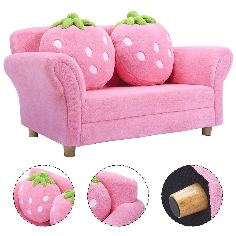 Costway Kids Sofa Strawberry Armrest Chair Lounge Couch w/2 Pillow Children Toddler Pink Image