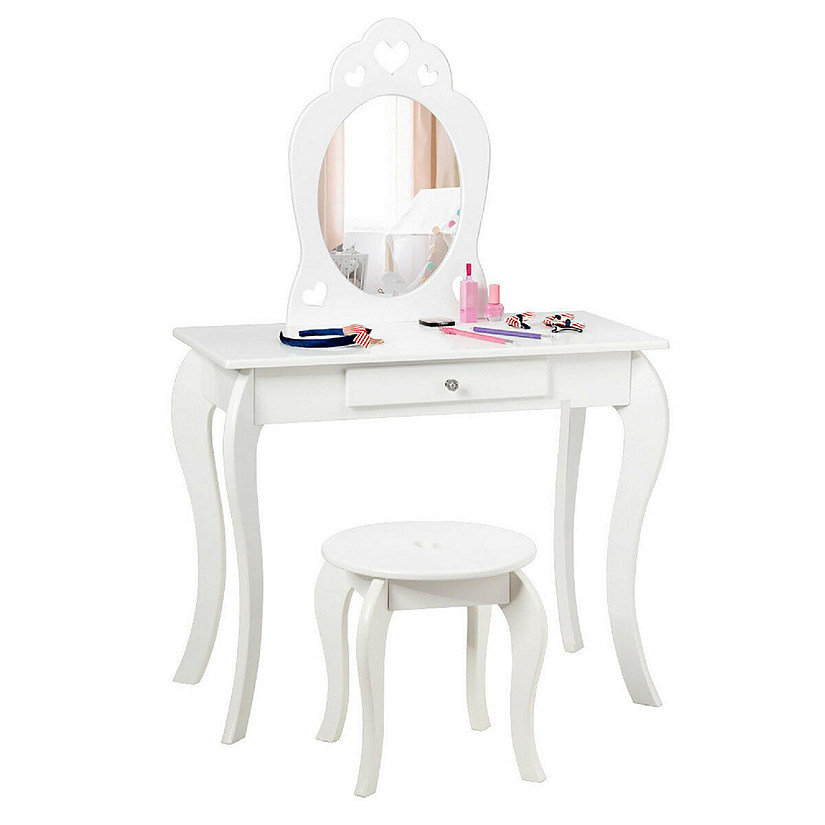 Costway Kids Vanity Set Princess Makeup Dressing Play Table Set W/Mirror  White Image