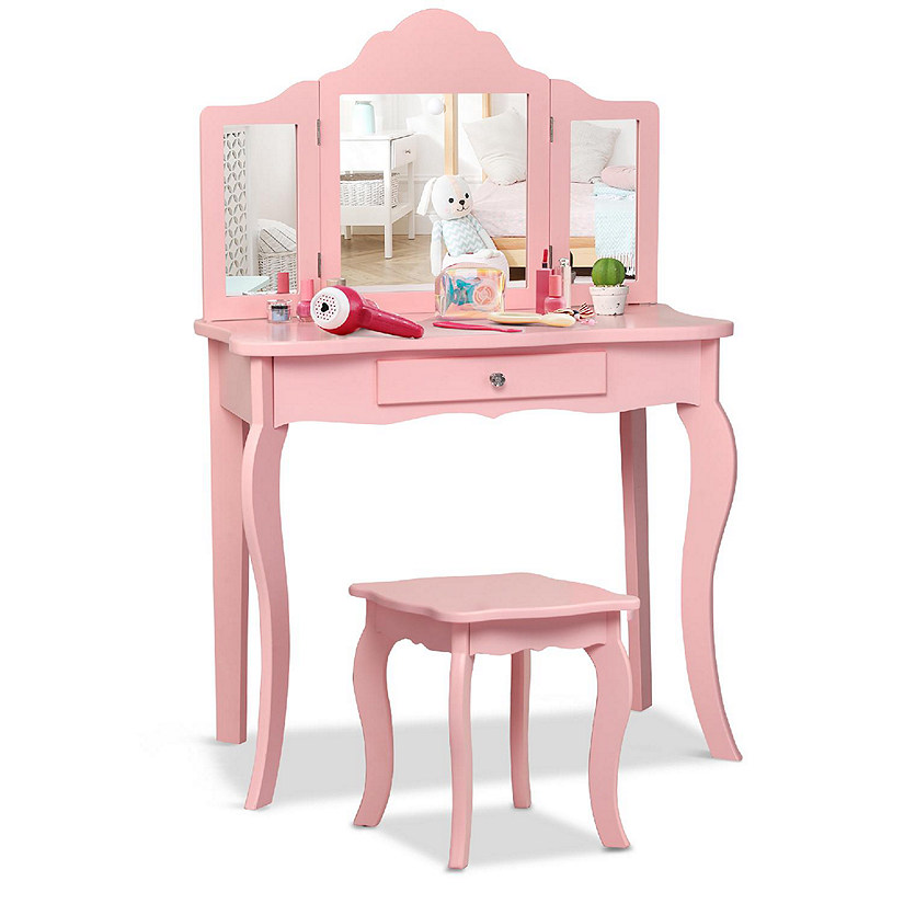 Costway Kids Vanity Table & Stool Princess Dressing Make Up Play Set for Girls Pink Image