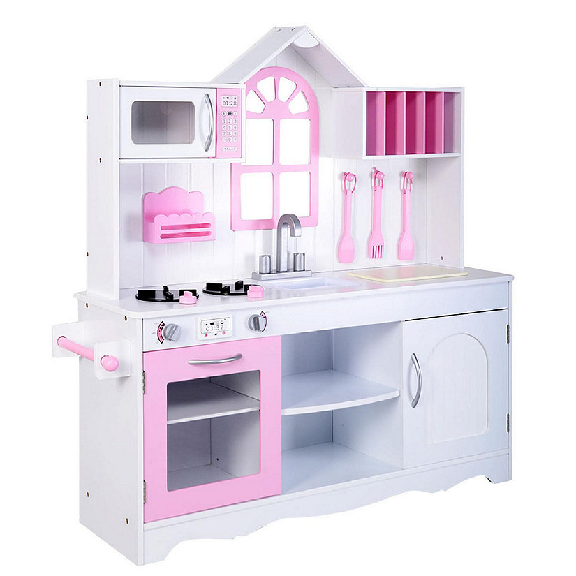 Costway Kids Wood Kitchen Toy Cooking Pretend Play Set Toddler Wooden Playset Image