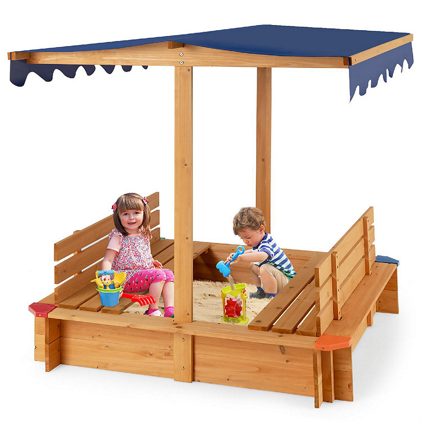 Costway Kids Wooden Sandbox w/ Canopy & 2 Bench Seats Bottom Liner for Outdoor Image