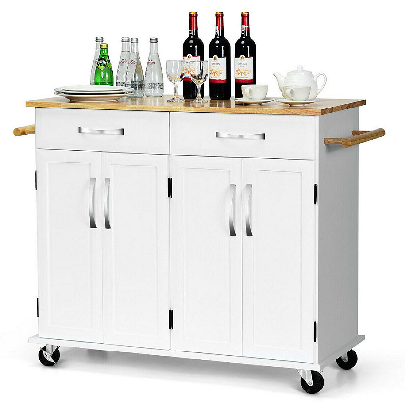 Costway Kitchen Trolley Island Utility Cart Wood Top Rolling Storage Cabinet Drawers White Image