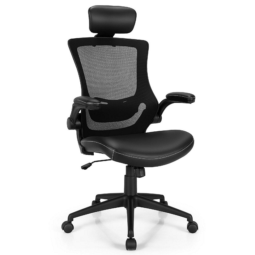 Costway Mesh Back Adjustable Swivel Office Chair w/ Flip up Arms Leather Seat Image